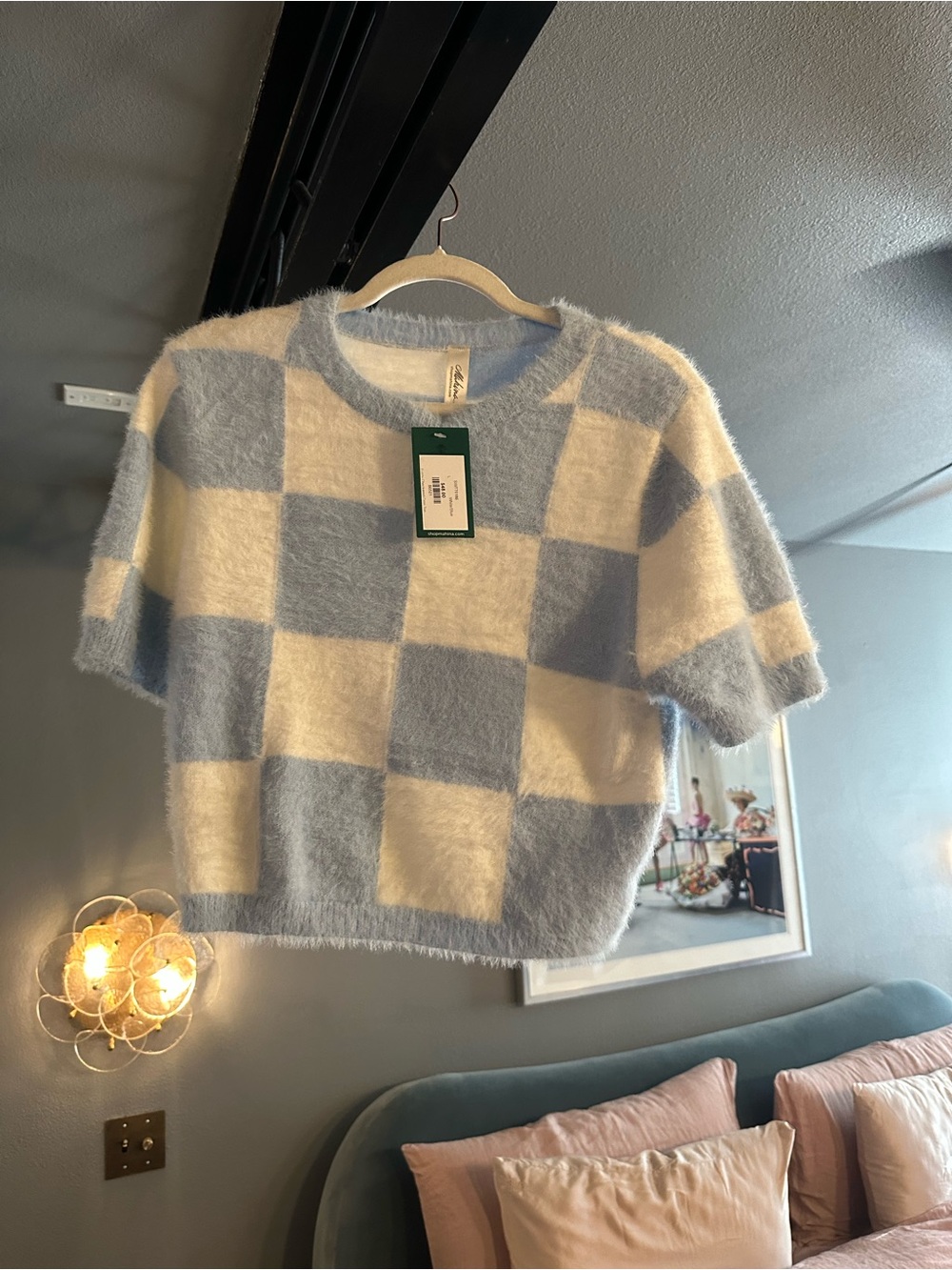 Cozy Checkerboard Short-Sleeve Cropped Sweater - Light Blue & Cream